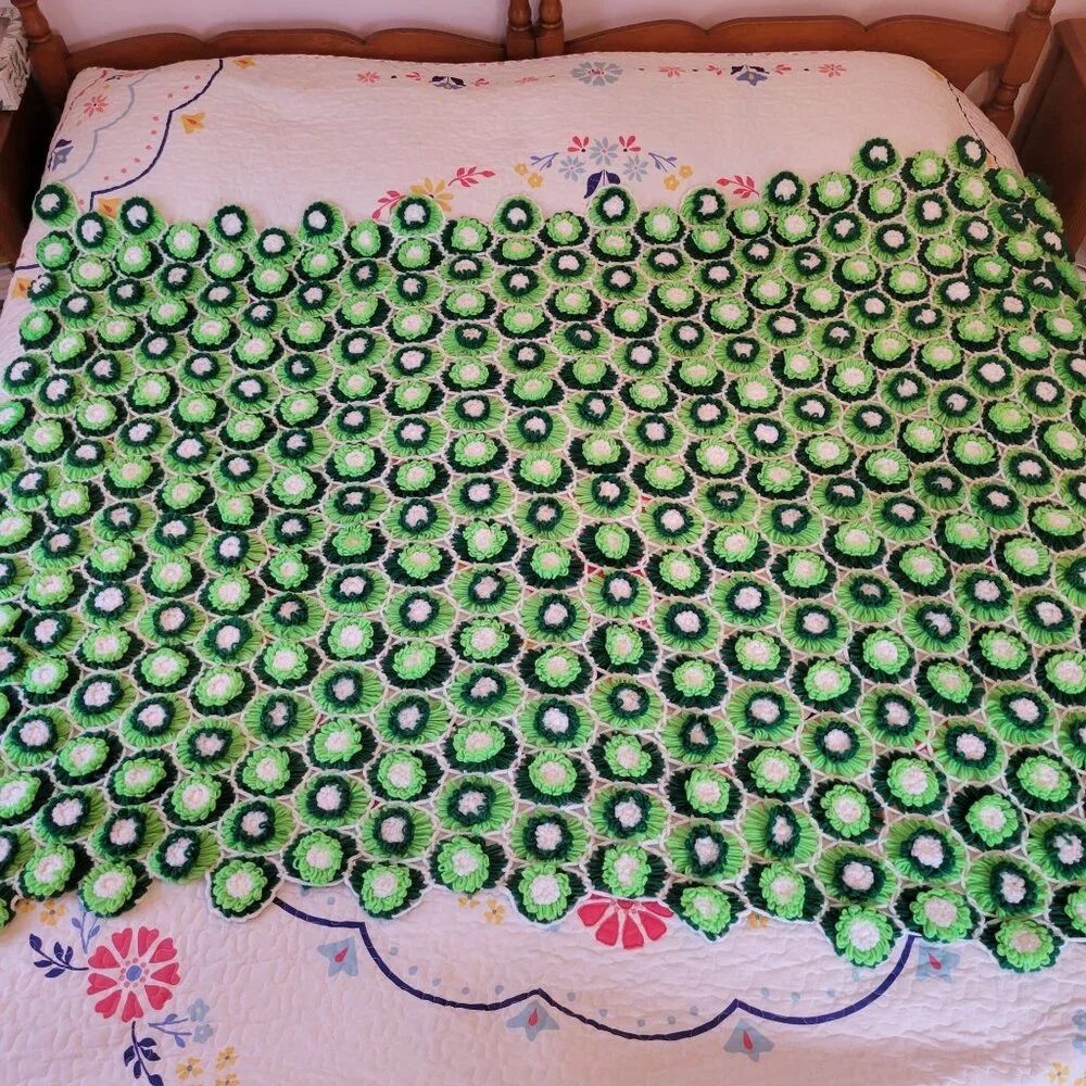 Vintage Green Crochet Floral Afghan Vintage Coverlet Bedspread Blanket‎ 3D 88x67